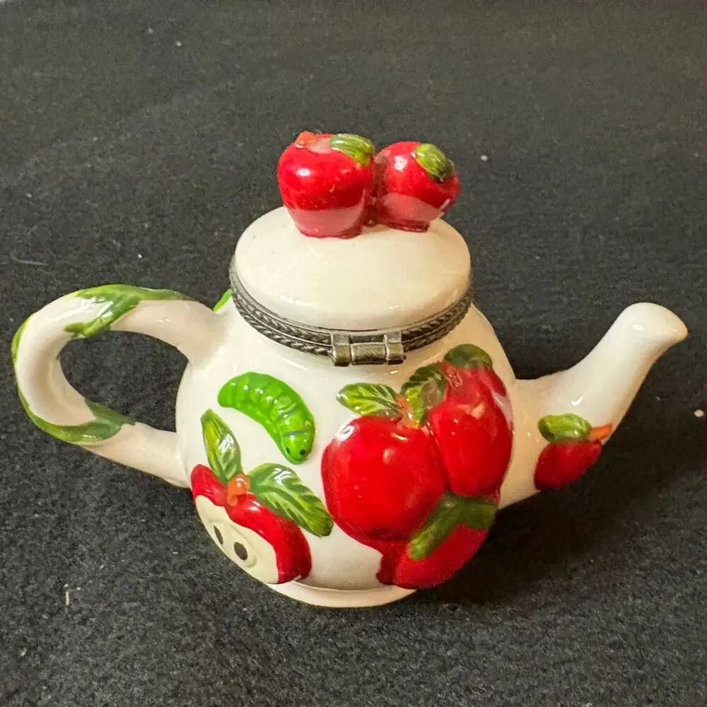 Hand Painted Apple Miniature Teapot Trinket Holder